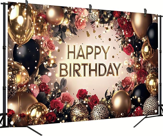 Red and Black Rose Happy Birthday Backdrop Banner Gold Balloon Photography Background Women Birthday Party Decorations Elegant Floral Birthday Supplies Photo Booth Props 71x43 Inch