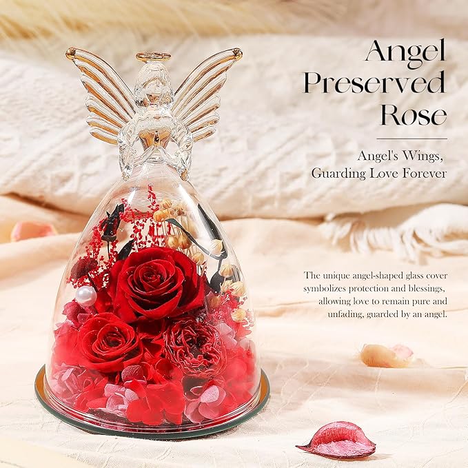 RoseValley Angel Roses Gifts for Mom,Preserved Real Flowers Roses in Glass Angel Figurines,Christmas Birthday Gifts for Grandma Women Mom Wife Mother in Law/Red