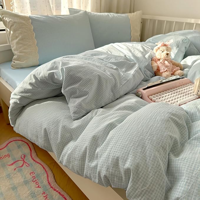VM VOUGEMARKET Blue Gingham Comforter Set Full Romantic Lace Comforter with 2 Pillowcases Sky Blue Plaid Grid Bedding Comforter for Teen Girls,80"x90"