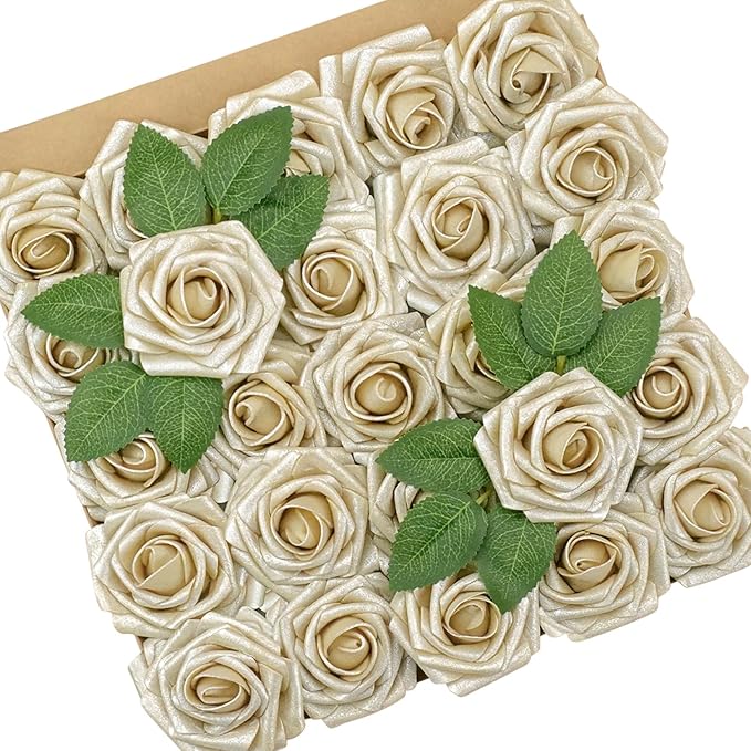 Artificial Flowers, 25pcs Champagne Light Gold Rose for DIY Wedding Bouquets Centerpieces Arrangements, Artificial Rose with Stem for Bridal Shower Party Home Decorations