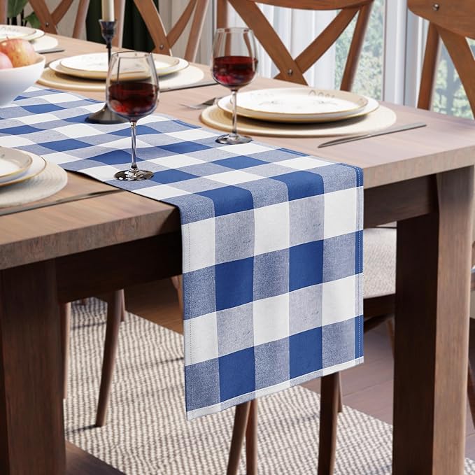 Encasa XO Cotton Dining Table Runner | Buffalo Blue Checks | Size 13x72 in - Machine Washable & Durable