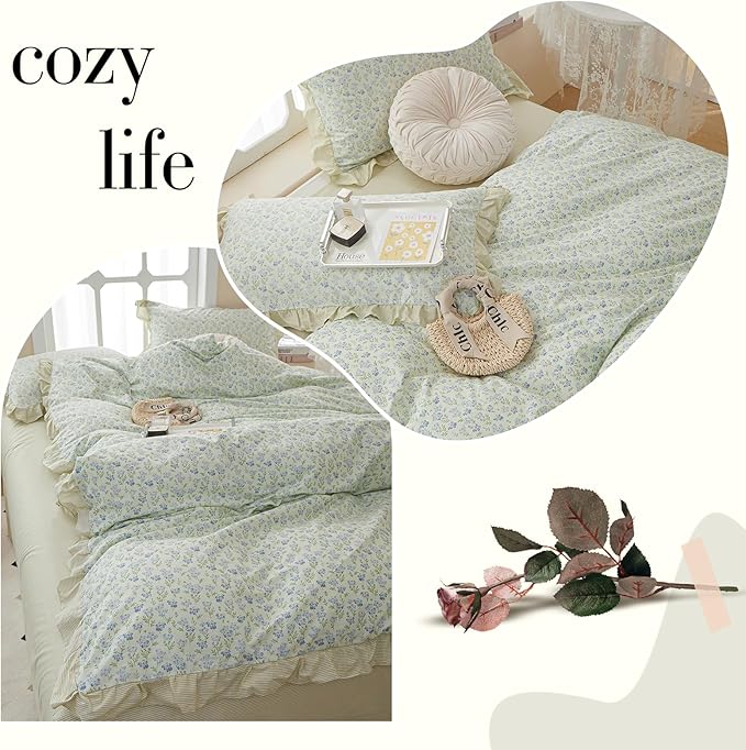 LifeTB Green Floral Comforter Set Twin XL Romantic Ruffled Comforter Blue Flower Bedding Comforter Set Soft Microfiber Floral Bedding Set Lightweight Fluffy Vintage Botanical Comforter for All-Season