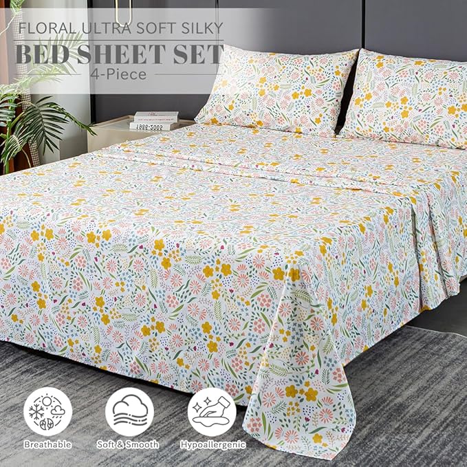 Bedlifes King Sheet Set Ultra Soft, Breathable, Silky Flower Deep Pocket 100% Microfiber Bedding, 4 Piece King Size Floral