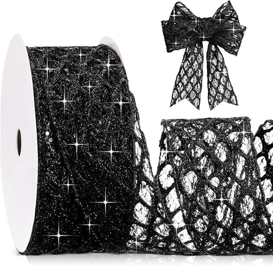 Geosar 20 Yards Black Mesh Glitter Wired Ribbon for Christmas Tree Decorations, Gift Wrapping, DIY Craft, Xmas Wreaths, Cabinet Decor (2.5 Inch)