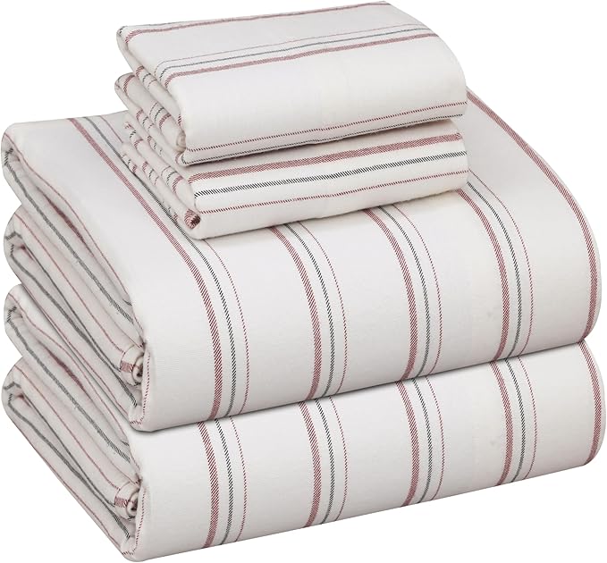 RUVANTI Flannel Sheets Full Size - 100% Cotton Double Brushed Bed Sheets Set, Deep Pockets 16 Inches, All Seasons Breathable & Extra Soft Full Sheets, Warm & Cozy, 4 Piece, Twill Stripe