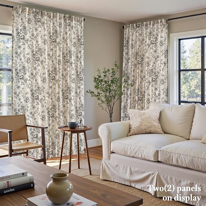 jinchan Linen Floral Curtains 100 Inch Extra Wide for Patio Sliding Glass Door Room Divider Curtain for Living Room 84 Inch Length Farmhouse Peony Black Printed Curtain Set 1 Panel