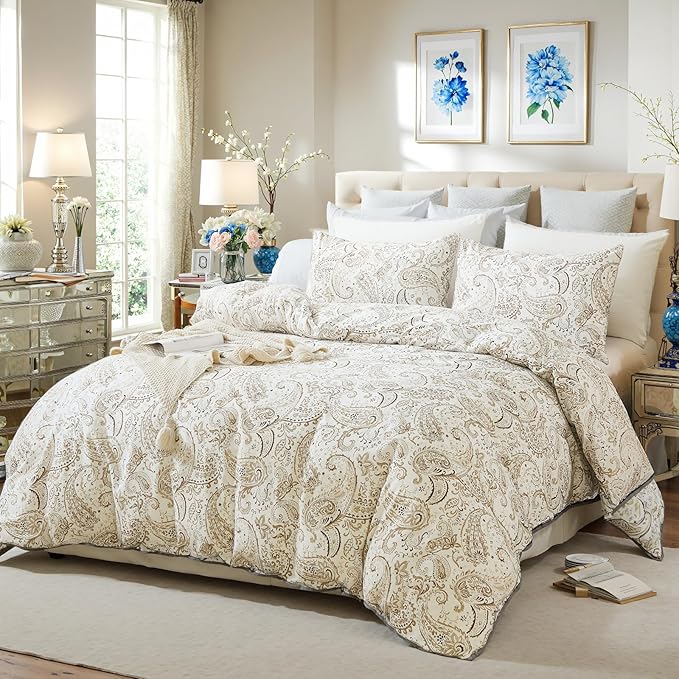 100% Cotton Duvet Cover Queen Size- 3 Pcs Grey Paisley Comforter Cover, Soft & Breathable Floral Bedding Duvet Cover Sets with Zipper Closure for All Season