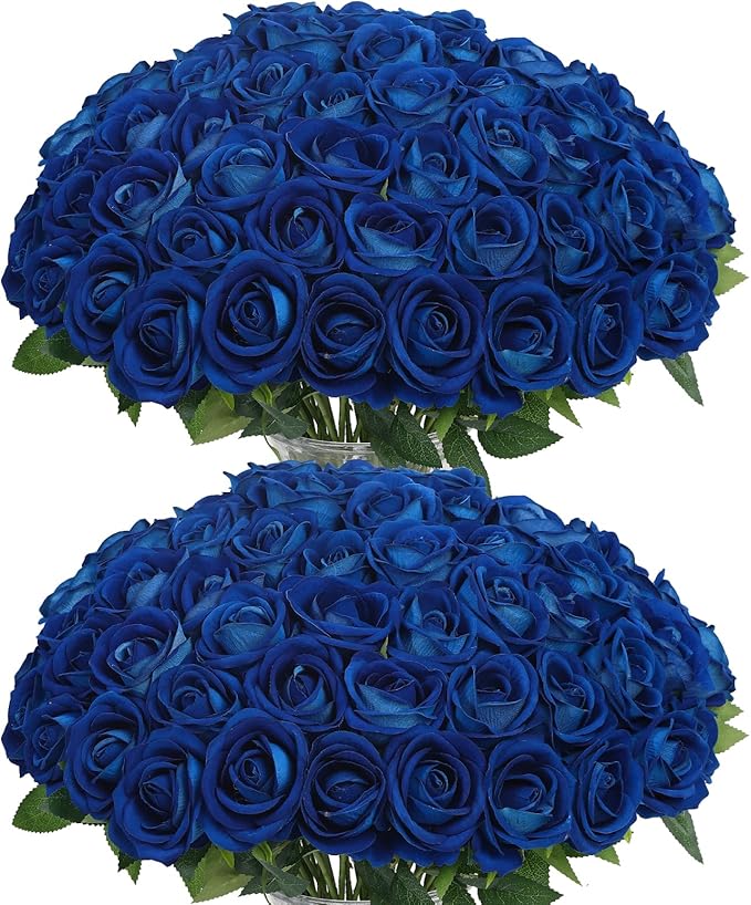 LFF Premium Artificial Royal Blue Roses - 50Pcs Realistic Velvet Faux Roses with Long Stems for Wedding Bouquets, Centerpieces, Proposals & Home Decor (Blue)
