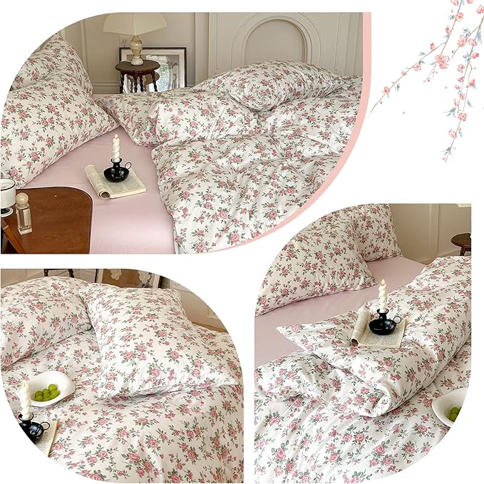 HIGHBUY Boho Floral Duvet Cover, Soft Cotton Aesthetic Pink Comforter Cover, Lightweight Soft Garden Style Bedding Set Zipper Closure Breathable (104 Inch x 90 Inch) HB03633-K