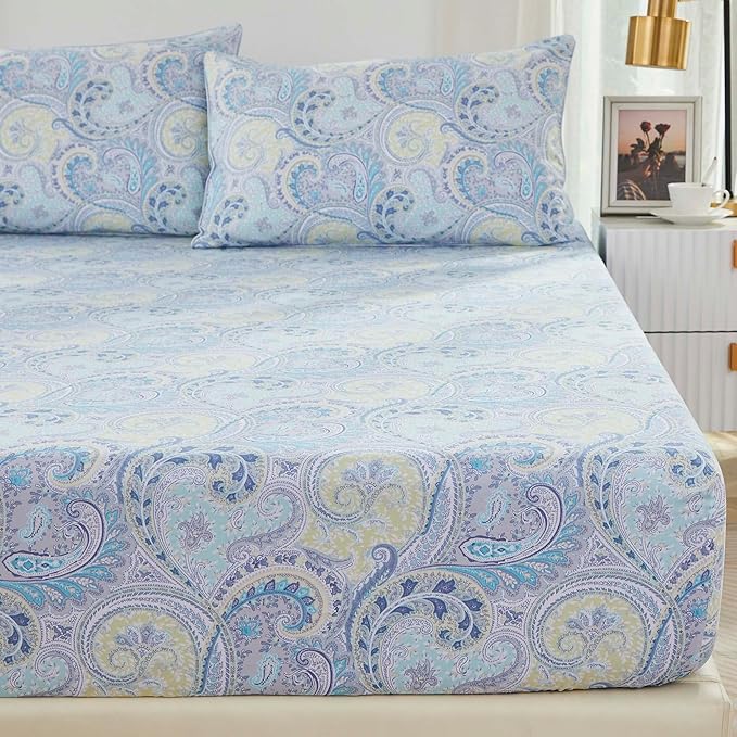 Brandream King Size Sheet Set Luxury Floral Boho Medallion Blue Paisley Bedding Collections 800 Thread Count 100% Egyptian Cotton Deep Pocket, 4 Piece