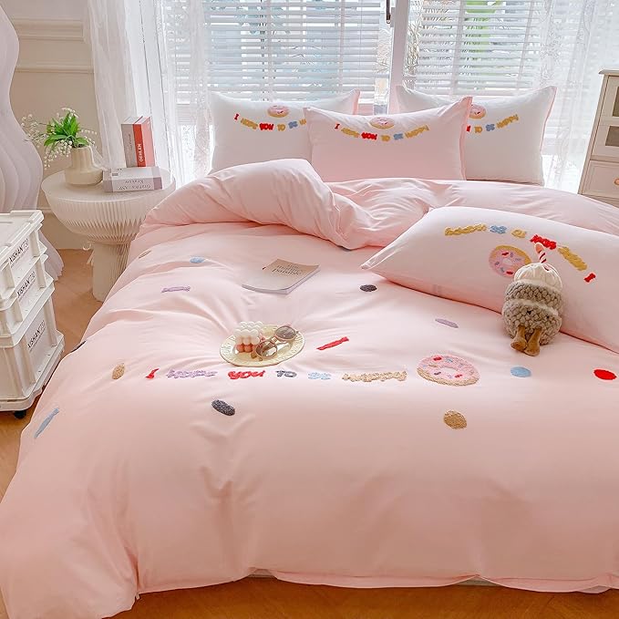 MorroMorn Cotton Duvet Cover Queen Size, 3D Embroidery Queen Bedding Sets, Cute Chenille Embroidered Comforter Covers Soft Breathable Sweat-Absorbent for Girls Kids Teen (Donut Pink, Full/Queen)