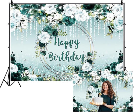 Renaiss 5x4ft Floral Happy Birthday Backdrop for Woman Fabric Green White Flowers Blooming Flower Photography Background Shinning Diamond Photo Backdrops for Birthday Party Supply