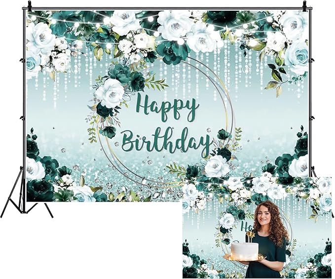 Renaiss 10x8ft Floral Happy Birthday Backdrop for Woman Fabric Green White Flowers Blooming Flower Photography Background Shinning Diamond Photo Backdrops for Birthday Party Supply
