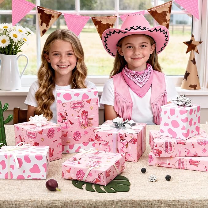 WERNNSAI Pink Cowgirl Wrapping Paper Roll - 1 Roll 17”x 16.4ft Western Gift Wrapping Paper Wild West Girl Gift Packing Favor for Kids Girls Birthday Party Reversible Cow Pattern Design