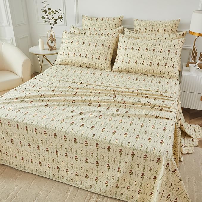 FADFAY Twin XL Size 100% Cotton Beige Bed Sheets Set Elegant Red Rose Floral Pattern, Soft and Luxurious Shabby Vintage French Country Bedding, 4 Pieces Deep Pocket Fitted Sheet, Twin Extra Long