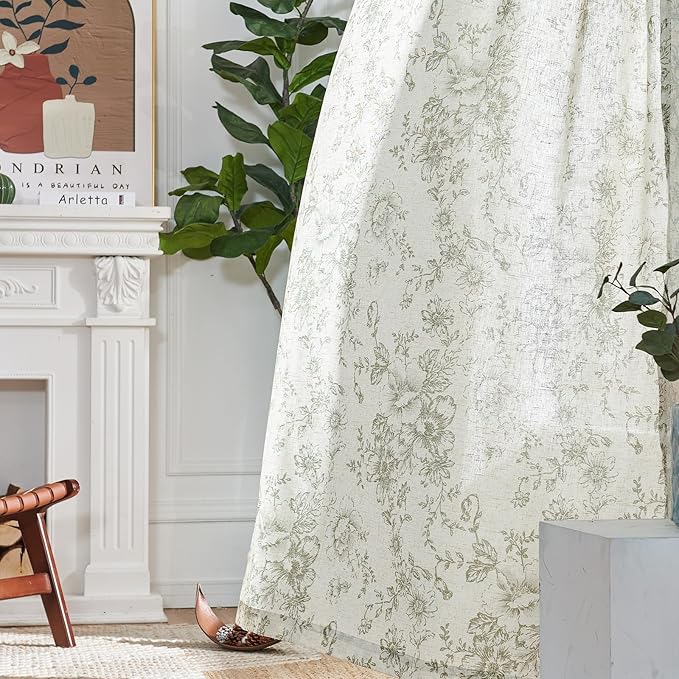 jinachan Linen Floral Curtains Extra Wide for Patio Sliding Glass Door Room Divider Curtain for Living Room Christmas Drapes 84 Inch Length Farmhouse Peony Green Printed Curtain Set 1 Panel