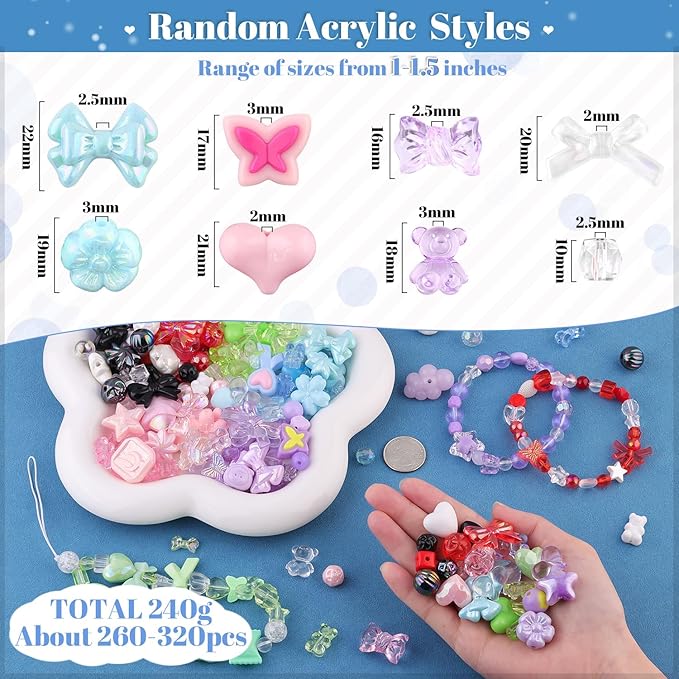 Assorted Acrylic Beads, 400-450PCS 6 Mixed Colors Cute Beads for Bracelet Making, GummyBear Bow Flower Kawaii Charms for Jewelry Making DIY Necklace Keychain Phone Charm Christmas Gift