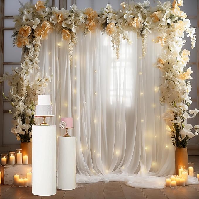 20x10ft White Tulle Backdrop Curtain with Lights String for Parites, Sheer Backdrop Curtains for Wedding Baby Shower Birthday Party Photo Shoot Decorations