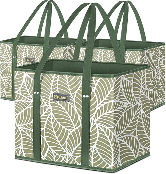 BALEINE 3Pk Reusable Grocery Bags, Foldable Shopping Bags for Groceries with Reinforced Bottom & Handles (Antique Foliage) | 3Pk, for Groceries, & Handles