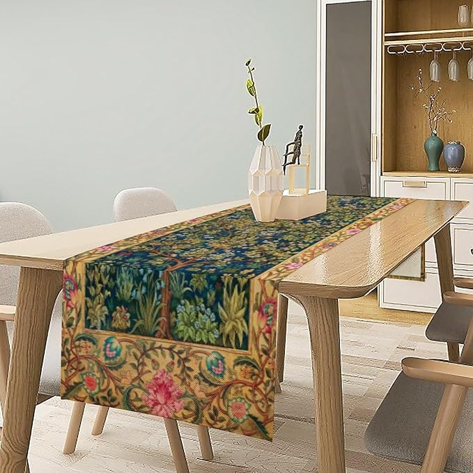 William Morris Table Runner, Boho Rustic Ethnic Tree of Life Flower Original Design Print Table Runner for Home Party Dining Room Kitchen Decor 13x108 Inch