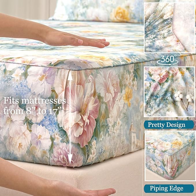 Zusbest Full Size Sheets Luxury Floral Bed Sheet Set 100% Cotton, Satin Weave Soft Breathable for Hot Sleepers Romantic Peony Flowery Printed Cottagecore Bedding Deep Pocket 17.5‘’ Bed Set 4Pcs