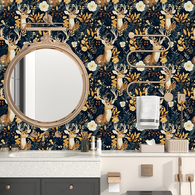 Deer Wallpaper Peel and Stick Vintage Blue Gold Floral Wallpaper Contact Paper 17.5" × 118" Waterproof Vinyl Self Adhesive Dark Wall Paper for Bedroom Walls Cabinet Locker Decor