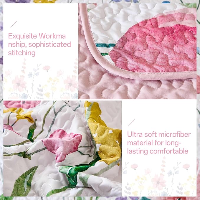 Anibedding Queen Quilt Set, Reversible Pink Floral Bedspread Soft Microfiber Lightweight Queen Size Quilt Bedding Sets Flower Coverlet for All Season(Queen, 96"x90")