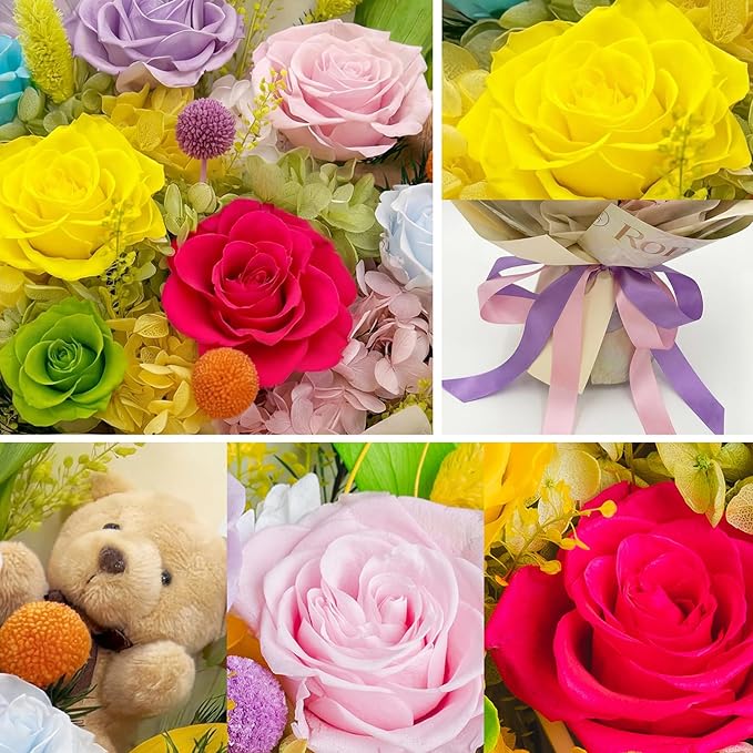 Preserved Bouquet with Bear: Big Flowers Big Love-Romantic Gifts for Her Wife Girlfriend Mom-Flowers for Delivery Prime on Christmas Valentines Day Anniversary Mothers Day (dopamine1)