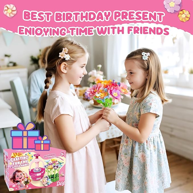 Einailvk Fabric Flower Bouquets Toys, DIY Flower Making Kit for Kids 3 4 5 6 7 8 9 10 11 12 Year Old Girl Birthday Christmas Gift, Art and Crafts Kit Toys for Girls 3-12 Year Old (Pink)