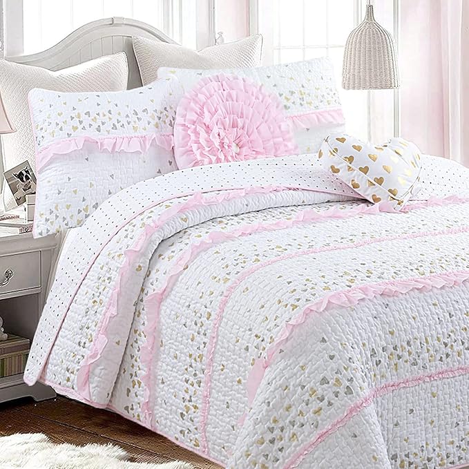 Cozy Line Home Fashions Pink Ruffle Metallic Printed Hearts Girl Cotton Reversible Quilt Bedding Set, Coverlet, Bedspreads (Sparkling Hearts, Queen - 3 Piece: 1 Quilt + 2 Shams)
