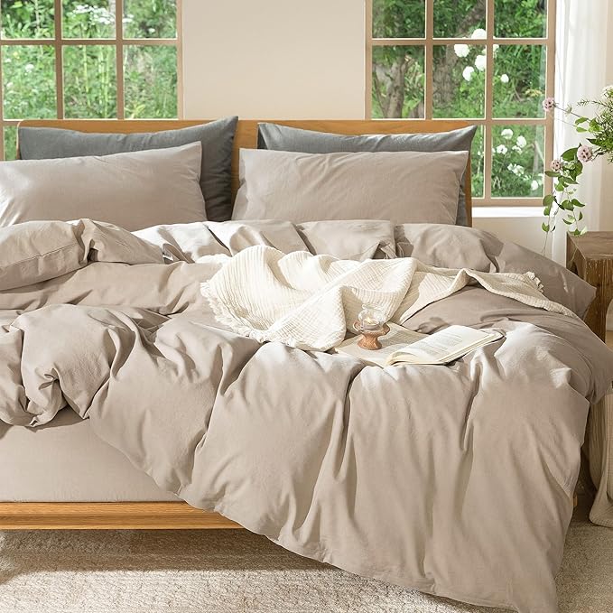 MooMee Bedding Duvet Cover Set 100% Washed Cotton Linen Like Textured Breathable Durable Soft Comfy (Heathered Taupe, Queen 90"x90")