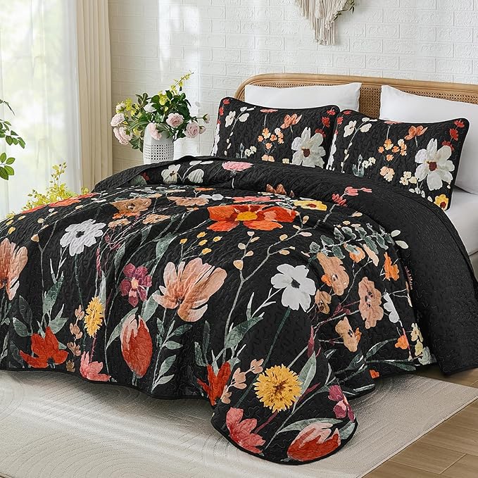 Anibedding Black Quilt Set King Size, Colorful Floral Bedspread with 2 Pillowcases, Soft Microfiber Lightweight Coverlet Bedding Set for All Season(104"x90")