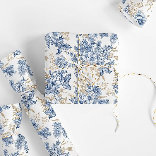 JarThenaAMCS Blue Gold Floral Wrapping Paper -Mini Roll- 17In x 32.8Ft Flower Berry Gift Wrap Paper Decorative Art Paper for Wedding Birthday Gift Packing Supplies