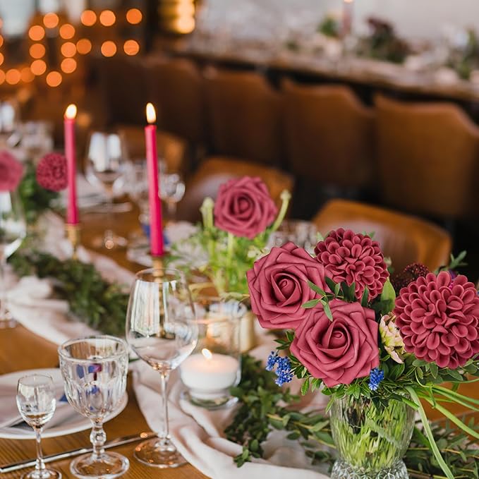 Artificial Flowers, 25pcs Artificial Rose for DIY Wedding Bouquets Centerpieces Arrangements, Hot Pink Rose Flowers with Stems for Bridal Shower Party Home Decorations