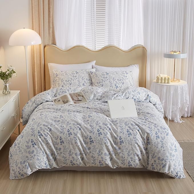 Blue Floral Comforter Set Full Size White Soft Microfiber Bedding Set Soft Fluffy Vintage Garden Style Botanical Comforter Set for Girls Women Cottagecore Flowers Boho Comforter with 2 Pillowcases