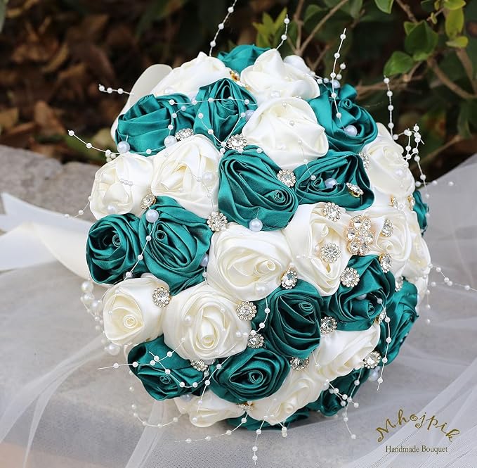 Bridal Wedding Bouquet Round Bling Brooch Bouquet Throw Toss Artificial Rose Flower Bunch for Bride Bridesmaid Wedding Quinceanera(Dark Green & Ivory, 8.7")