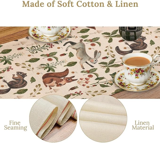 Rustic Forest Table Runner, Cartoon Woodland Wild Animals Rabbit Fox Vintage Botanical Mushroom Herbs Table Cover for Indoor Outdoor Home Decor Party, 13x60inch