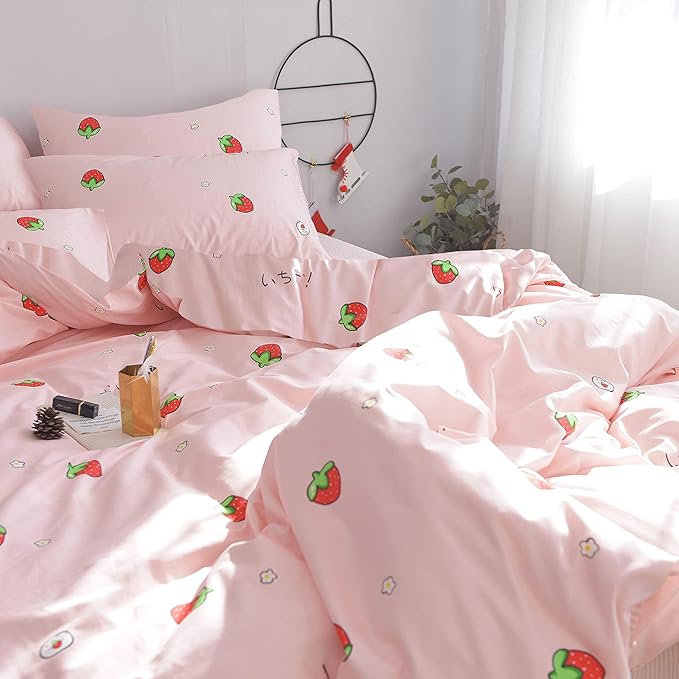 AOJIM Strawberry Kids and Adults Duvet Cover Queen Size, 100% Cotton Pink Anime Bedding Comforter Cover Set 3pcs with Zipper Closure, 1 Cute Soft Quilt Cover and 2 Pillowcases for Room Decor, No Duvet