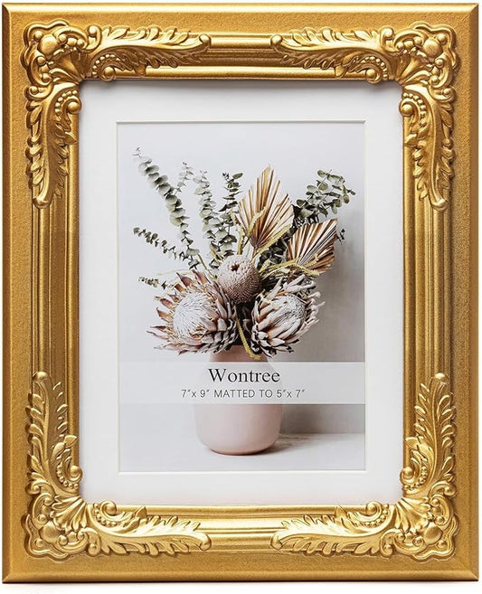 7x9 Gold Picture Frame with Baroque Flower Trim, Solid Wood with Real Glass, Display 7x9 Photos Matted to 5x7, Vertical and Horizontal Desk Tabletop or Wall Hanging,Ornate Vintage Style