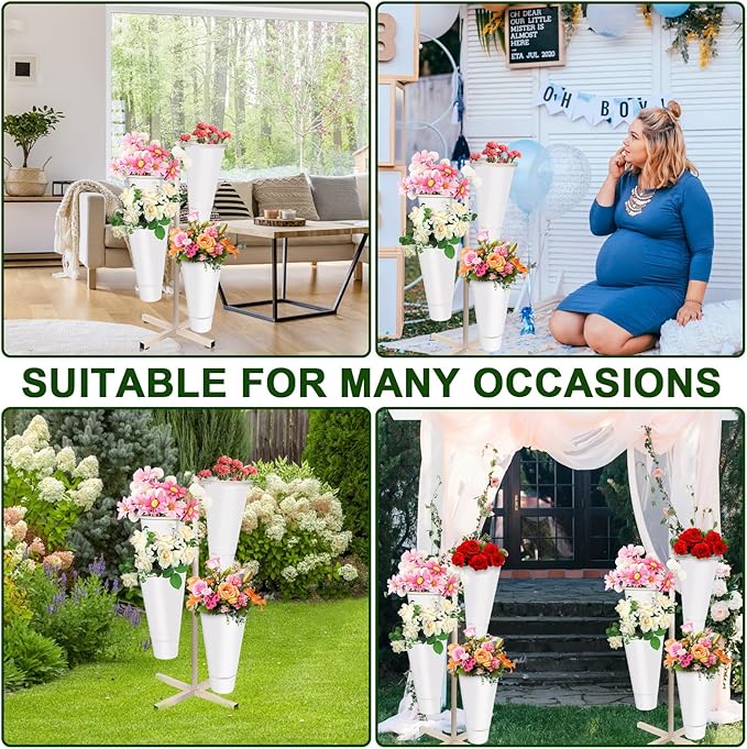 Flower Display Stand with Buckets, Metal Flower Bar Stand Rustic Farmhouse Florist Bouquet Holder Flower Cart Display Shelf for Outdoor Patio Garden Wedding Decor (Round)