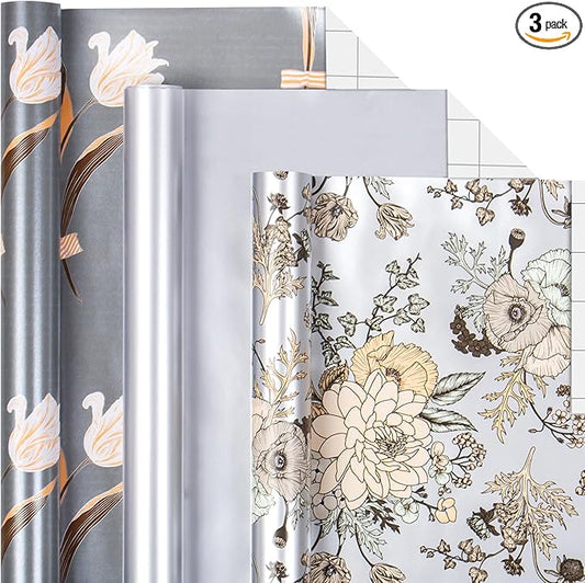 MAYPLUSS Wrapping Paper Roll - 3 Mini Roll - 17 in X 120 in Per roll - Sliver Floral, Silver Elegant Wrapping Paper for Girl,Women Wedding Party Birthday,Valentine's Day,Mother's Day