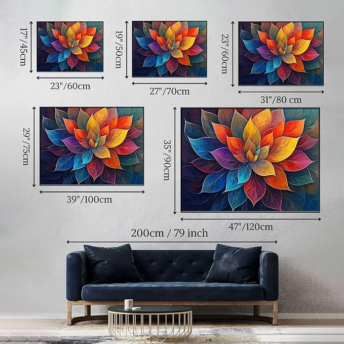 Colorful Flower Canvas Wall Art, Abstract Floral Canvas Prints, Lotus Blossom Pictures Wall Decor, Zen Painting, Yoga Studio Wall Decor (Black Framed, 47"Wx35"H/120x90cm)