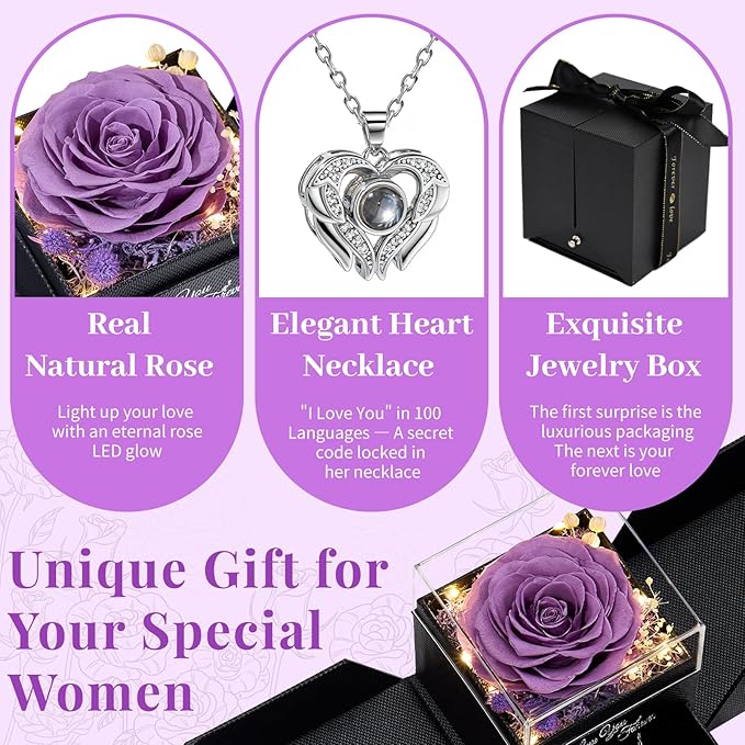 FIACO Gifts for Women Preserved Real Roses with I Love You Necklace Fresh Forever Flowers Birthday Gifts for Mom Grandma Wife Girlfriend on Anniversary Christmas Valentines Romantic Gift