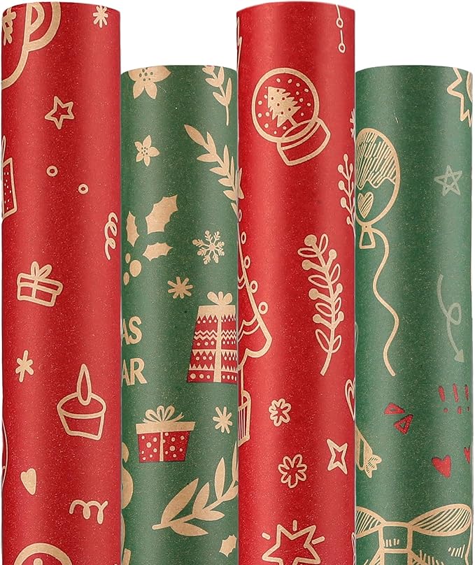 Anvure Christmas Wrapping Paper (4 Rolls: 93 sq. ft. ttl.) Kraft Set Featuring Santa Claus, Snowman & Xmas Presents, Red & Green Holiday Designs for All Gift Wrap Needs 17 Inch X 16.4 Feet Per Roll