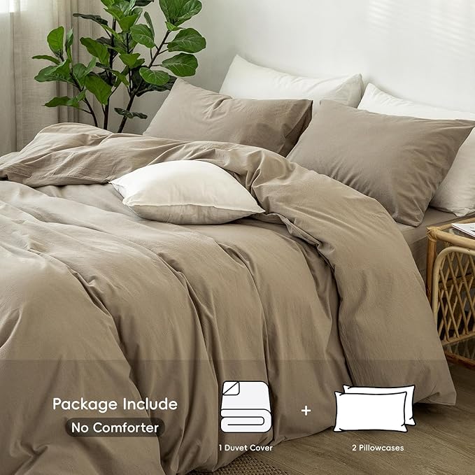 MooMee Bedding Duvet Cover Set 100% Washed Cotton Linen Like Textured Breathable Durable Soft Comfy (Solid Light Camel, Super King 108"x98")