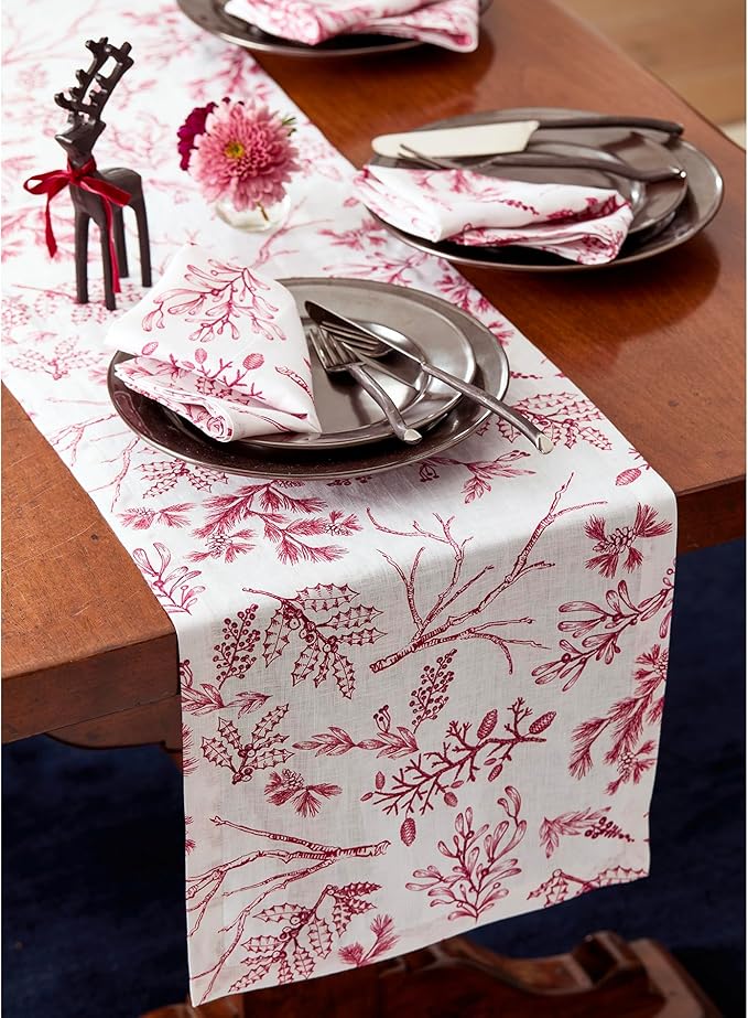 Solino Home 100% Pure Linen Christmas Table Runner 144 Inches Long - Red/White Table Runner 14 x 144 Inch - Handcrafted and Machine Washable - Winter Forest Print
