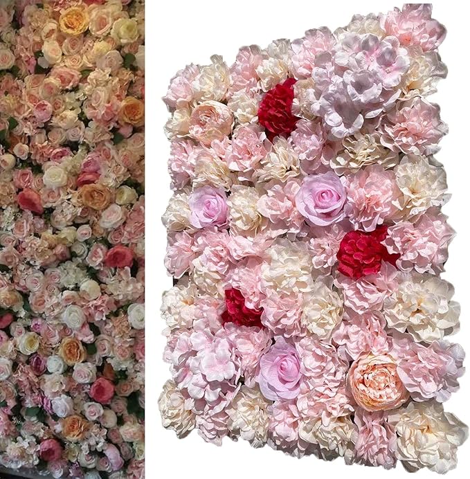 16"x 24" Artificial Flower Wall Panels,Flower Wall Mat Silk Flower Panels for Outdoor Garden Backyard Fence Fence Privacy Screen and Indoor Wall Decor(20Pcs Light Pink+Light Yellow+Red)