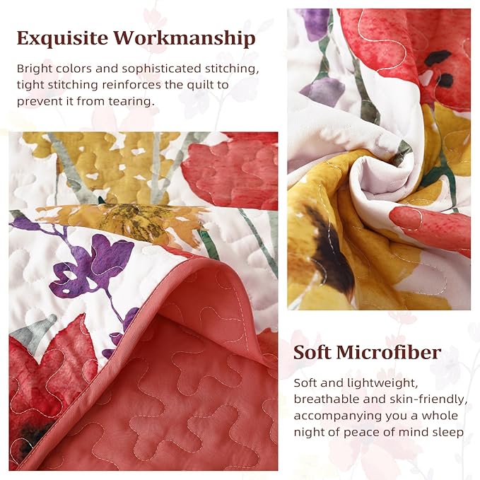 Anibedding Floral Quilt Set King Size, Red Bedspread 3 Pieces Botanical Flower Bedding Set Soft Microfiber Coverlet Set for All Season (King, 104"x90")