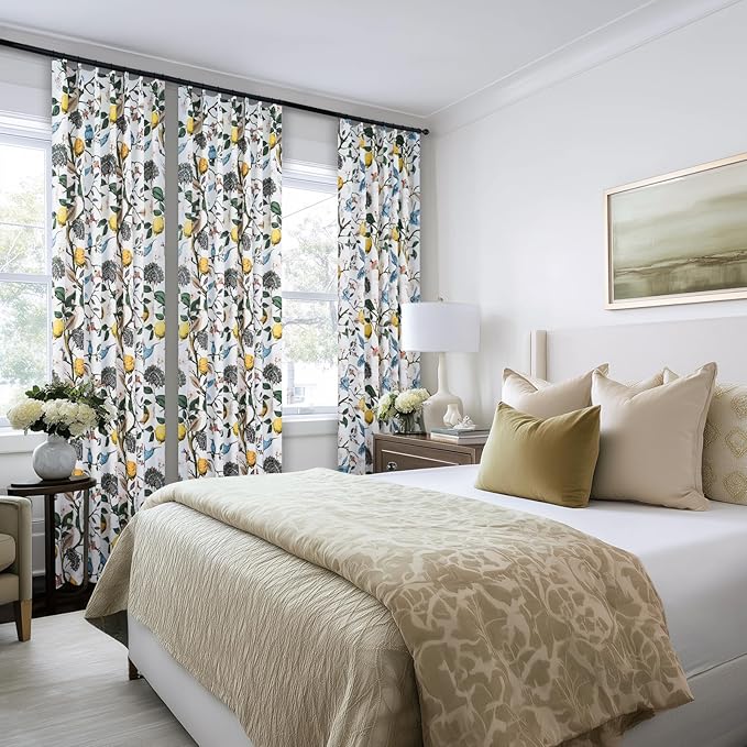 Pinch Pleated Curtains Floral Cottage Core Curtains for Living Room 90 Inches Long Blue and White Vintage Hummingbird Lemon Blackout Drapes for Bedroom with Hooks Set 2 Panels