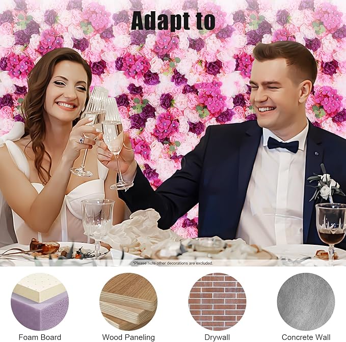 Flower Wall Panel Set,Artificial Wall Flower Backdrop,6Pcs 23.62 * 15.74 3D Silk Hydrangea Rose Floral Panel,Faux Roses Artificial Flower Backdrop for Wall Decor (6PCS Pink, Purple)